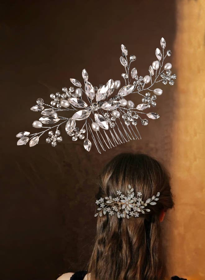 مشط شعر زفاف كريستالي للعروس فضي اللون مرصع بأحجار الراين وقطع شعر للعروس من اللؤلؤ وإكسسوارات شعر الزفاف للنساء والفتيات (فضي) - Image 2