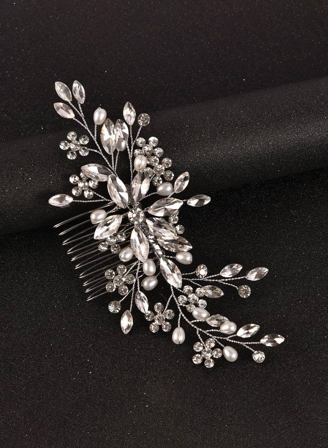 مشط شعر زفاف كريستالي للعروس فضي اللون مرصع بأحجار الراين وقطع شعر للعروس من اللؤلؤ وإكسسوارات شعر الزفاف للنساء والفتيات (فضي) - Image 3