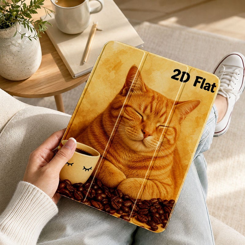 Tablet Case for iPad, Sleepy Orange Cat Coffee Cup, iPad Clear Cover for Mini Air Pro 4 5 6 7 8 9 10 11 12, Suitable for 7.9 8.3 9.7 10.2 10.5 10.9 11 12.9 13 inch Acrylic Clear Shockproof Protective with Stand - Image 1