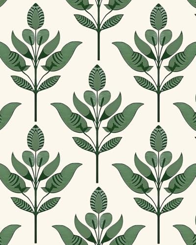 BOKEBEVE Green Leaf Wallpaeprs Beige Stick and Peel Wallpaper Floral Contact Paper Boho Wallpaper for Bedroom Bathroom Drawer Cabinet Modern Removable 17.5 x 393.5In - Image 1