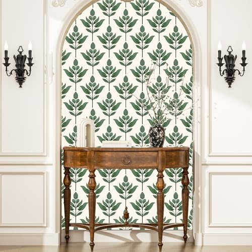BOKEBEVE Green Leaf Wallpaeprs Beige Stick and Peel Wallpaper Floral Contact Paper Boho Wallpaper for Bedroom Bathroom Drawer Cabinet Modern Removable 17.5 x 393.5In - Image 3