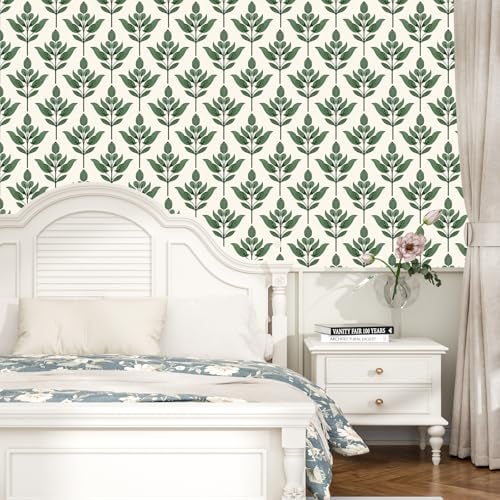 BOKEBEVE Green Leaf Wallpaeprs Beige Stick and Peel Wallpaper Floral Contact Paper Boho Wallpaper for Bedroom Bathroom Drawer Cabinet Modern Removable 17.5 x 393.5In - Image 2