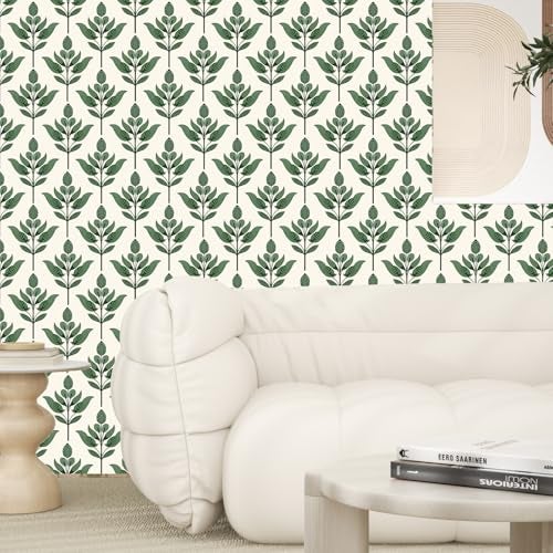 BOKEBEVE Green Leaf Wallpaeprs Beige Stick and Peel Wallpaper Floral Contact Paper Boho Wallpaper for Bedroom Bathroom Drawer Cabinet Modern Removable 17.5 x 393.5In - Image 4