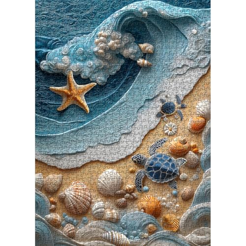 PICKFORU Beach Puzzles for Adults 1000 Pieces Ocean Wave Seashell Puzzle Turtle Unique Coastal Seaside Puzzle Challenge Wall Art Decor - Image 1