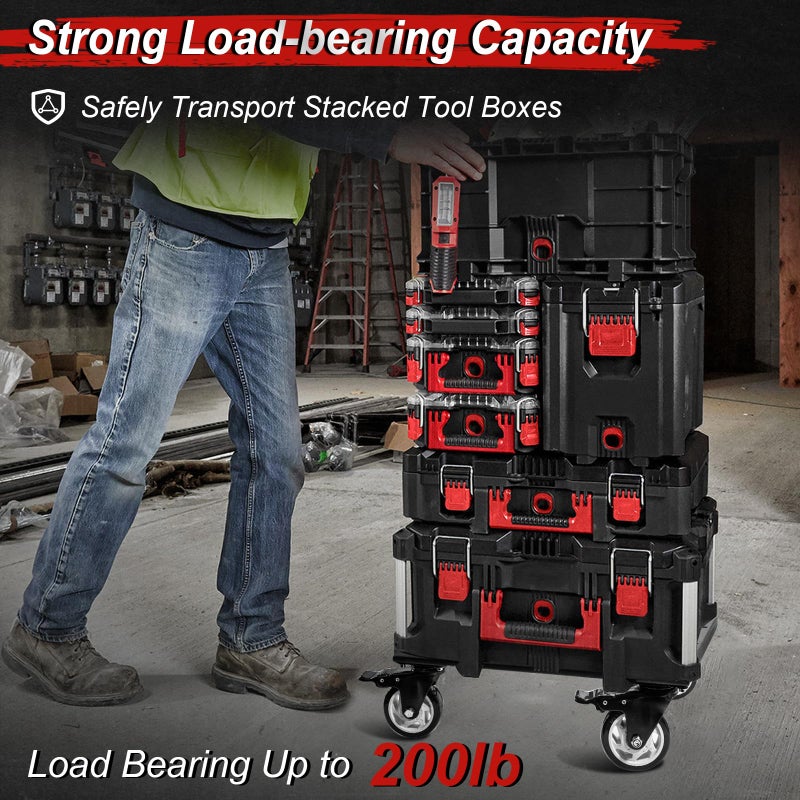 DNShorix Heavy Duty Tool Box Dolly Compatible with Mil.Waukee Packout Toolboxes, Thickened Carbon Steel Frame and Larger Wheels with Brake System, No Drilling Required, Load-Bearing Capacity Up to 200lb - Image 4