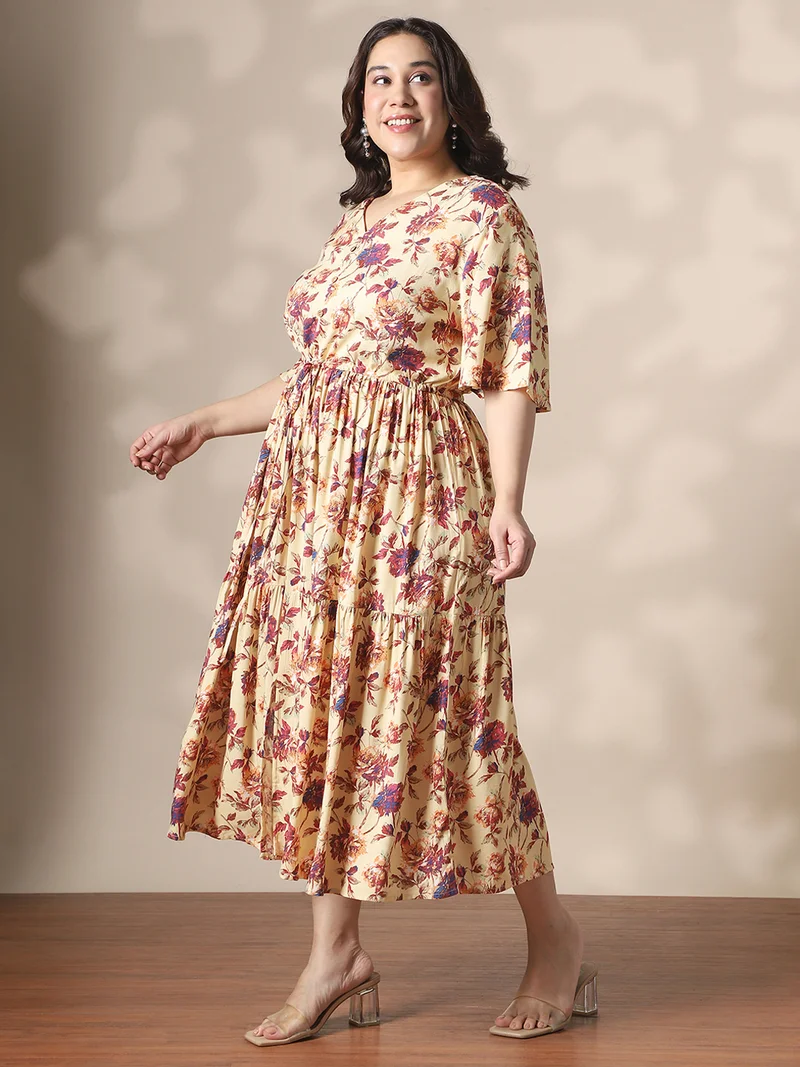 جلو باص فستان ميدي نسائي جلوبلس مطبوع بالزهور بياقة على شكل حرف  وأكمام واسعة ورباط خصر مقاس كبير بتصميم واسع وطبقات