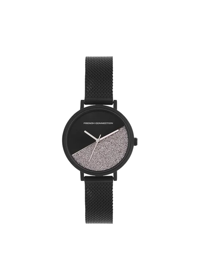 French Connection Women's Analog Watch with Black Stainless Steel Mesh Bracelet, Black Dial