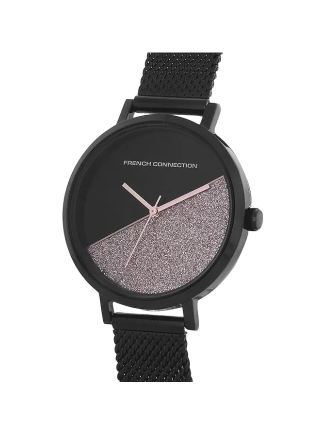 French Connection Women's Analog Watch with Black Stainless Steel Mesh Bracelet, Black Dial