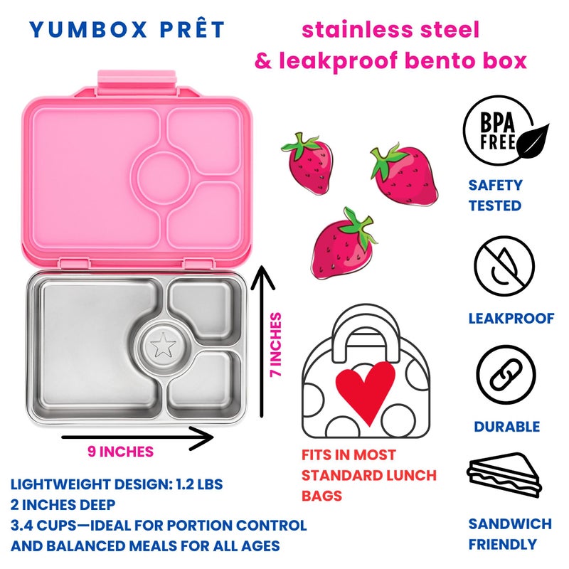 Yumbox PrÃªt Stainless Steel Bento Lunch Box, 3 Compartment, Secure Seal, BPA-Free, Dishwasher Safe, Compact & Lightweight for Kids & Adults, School & Office Lunch, Portion Control (Versailles Pink) - Image 2