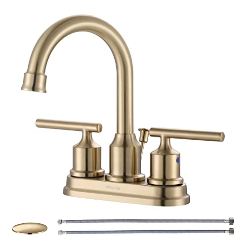 WOWOW Brushed Gold Bathroom Faucet 4 Inch Ceterset Bathroom Sink Faucet 3 Hole Vanity Faucet 2 Handle Basin Faucet with Drain Tall Mixer Tap Modern - Image 1