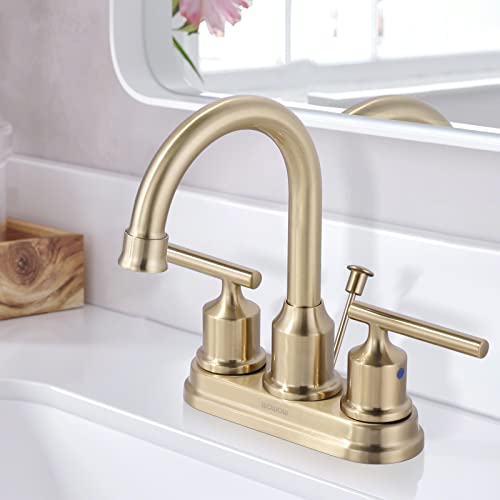 WOWOW Brushed Gold Bathroom Faucet 4 Inch Ceterset Bathroom Sink Faucet 3 Hole Vanity Faucet 2 Handle Basin Faucet with Drain Tall Mixer Tap Modern - Image 3