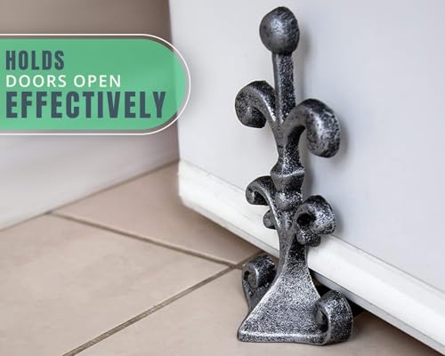 Comfify Fleur De Lis Cast Iron Door Stop – One Decorative Wedge with Felt Bottom – Antique Silver and Black – 4" x 3.5" x 7.75" - Image 5