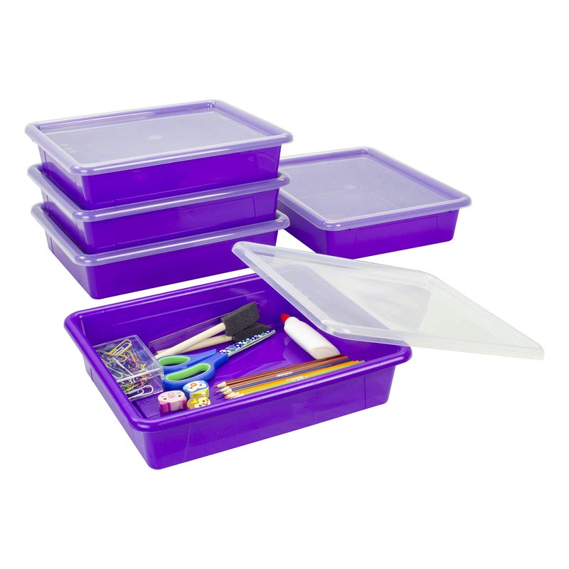 Storex Letter Size Flat Storage Tray  Organizer Bin with NonSnap Lid for Classroom Office and Home Violet 5Pack 62540U05C