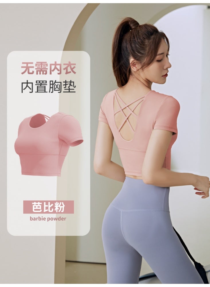 Women Cross Back Sports Shirts Round Neck Short Sleeve Yoga Crop Tops Fitness Gym Workout Sportswear Backless Slim Fit Tops  - Image 1