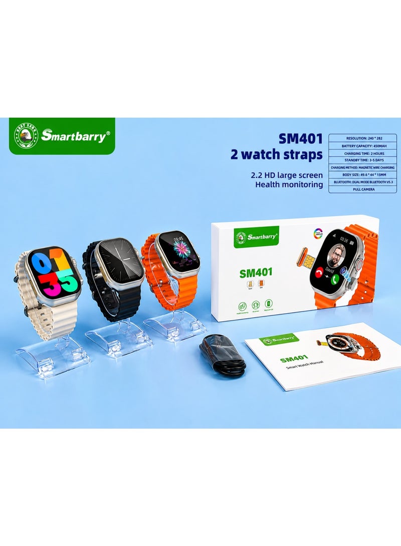 Smartberry SM401 2.2 Inch HD Smart Watch with Pull Camera, Android Smartwatch, Bluetooth 5.3, SIM Card Support, Health Monitoring, 450mAh Battery, Magnetic Charging, Dual Watch Straps, Fitness Tracker – Black - Image 5