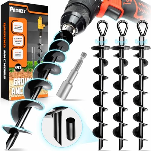 PAMAZY [Premium] 4 Pack Ground Anchors with Power Nut Driver Drill Bit, Ground Anchors Screw in, Swing Set Anchors, Trampoline Anchors High Wind Heavy Duty for Camping Tents, Car Ports, Swing Sets, Canopies - Image 1