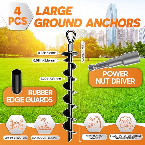 PAMAZY [Premium] 4 Pack Ground Anchors with Power Nut Driver Drill Bit, Ground Anchors Screw in, Swing Set Anchors, Trampoline Anchors High Wind Heavy Duty for Camping Tents, Car Ports, Swing Sets, Canopies - Image 3