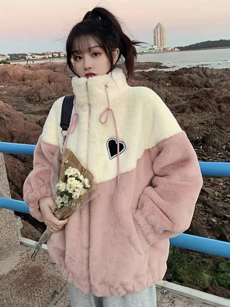 Plush Thickened Lamb Wool Hoodie Girls 2024 Autumn Winter Cotton Jacket 970 Pink - Image 1