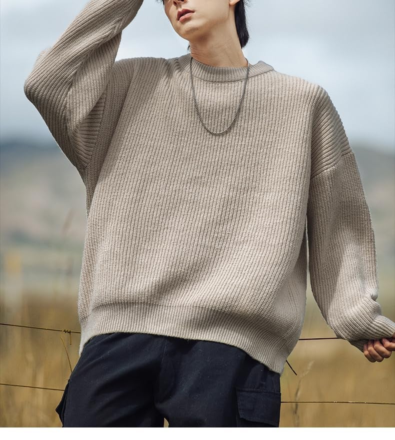 POHADON Men's Vintage Grandpa Aesthetic Sweaters Crewneck Knitted Sweatshirt Pullovers Y2K Grunge Clothing Korean Streetwear (Tan,Large) - Image 3