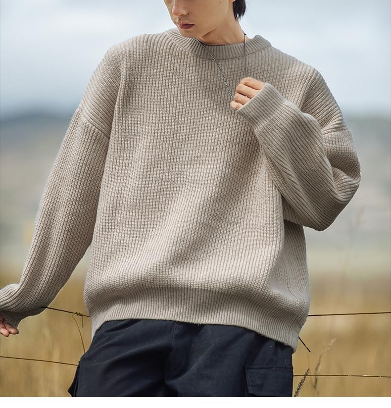 POHADON Men's Vintage Grandpa Aesthetic Sweaters Crewneck Knitted Sweatshirt Pullovers Y2K Grunge Clothing Korean Streetwear (Tan,Large) - Image 2