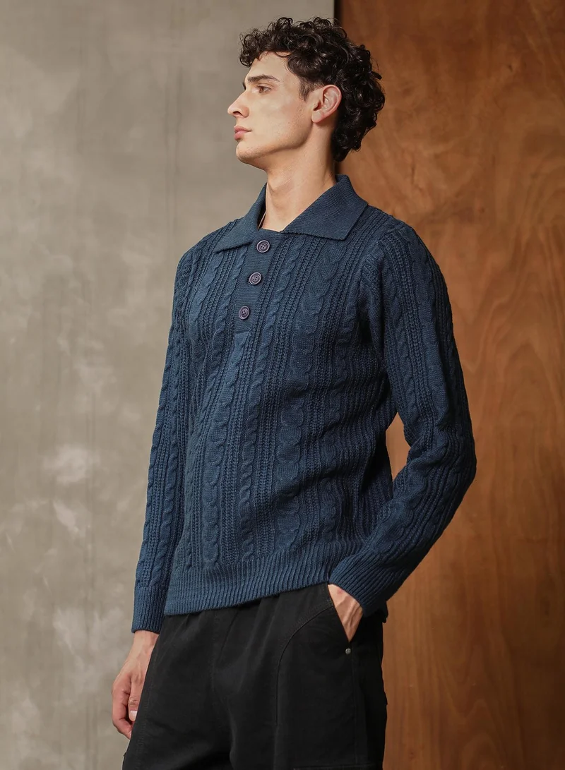 Campus Sutra Campus Sutra Men's Navy Blue Braid-Jacquard Knit Collared Sweater | Point Collar  , Cuffed Sleeves , Half-Button Closure , Ribbed-Straight Hem | Solid Jacquard For Casual & Daily Wear