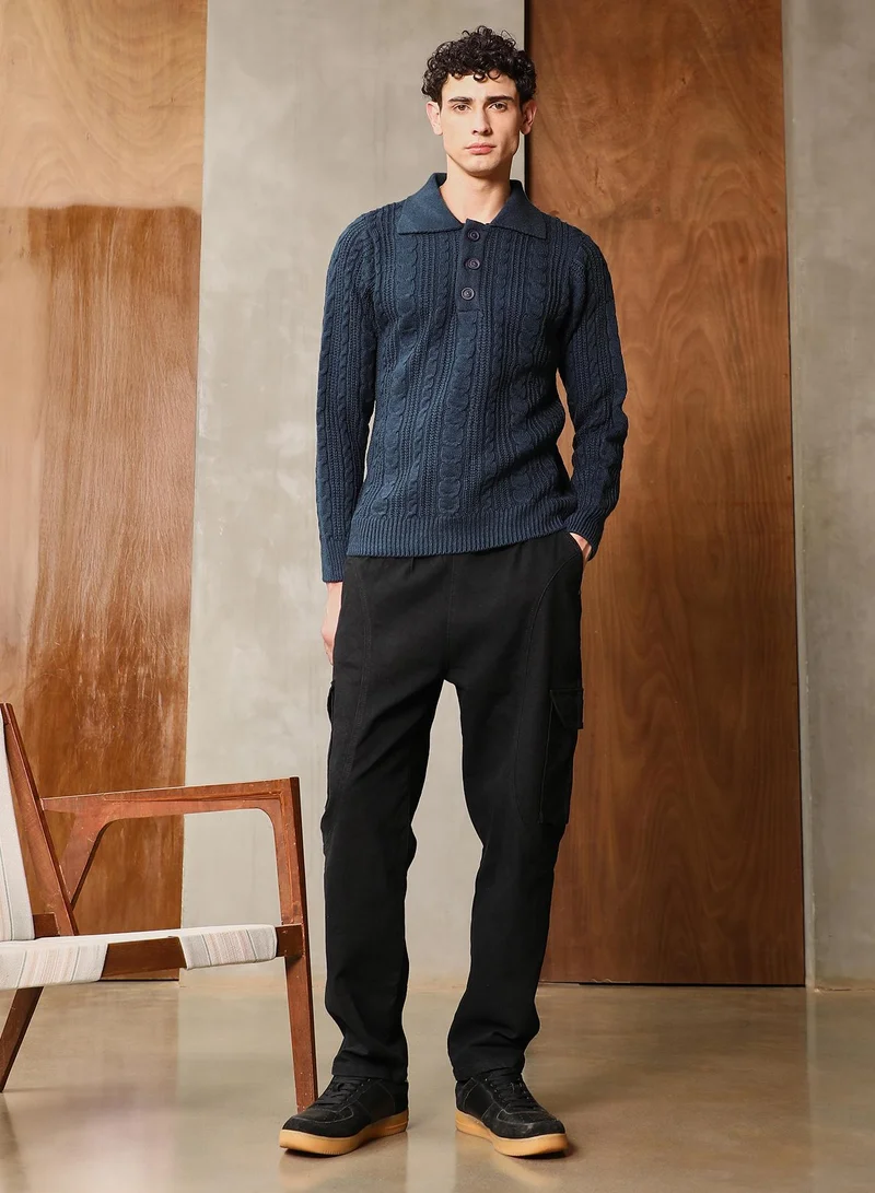 Campus Sutra Campus Sutra Men's Navy Blue Braid-Jacquard Knit Collared Sweater | Point Collar  , Cuffed Sleeves , Half-Button Closure , Ribbed-Straight Hem | Solid Jacquard For Casual & Daily Wear
