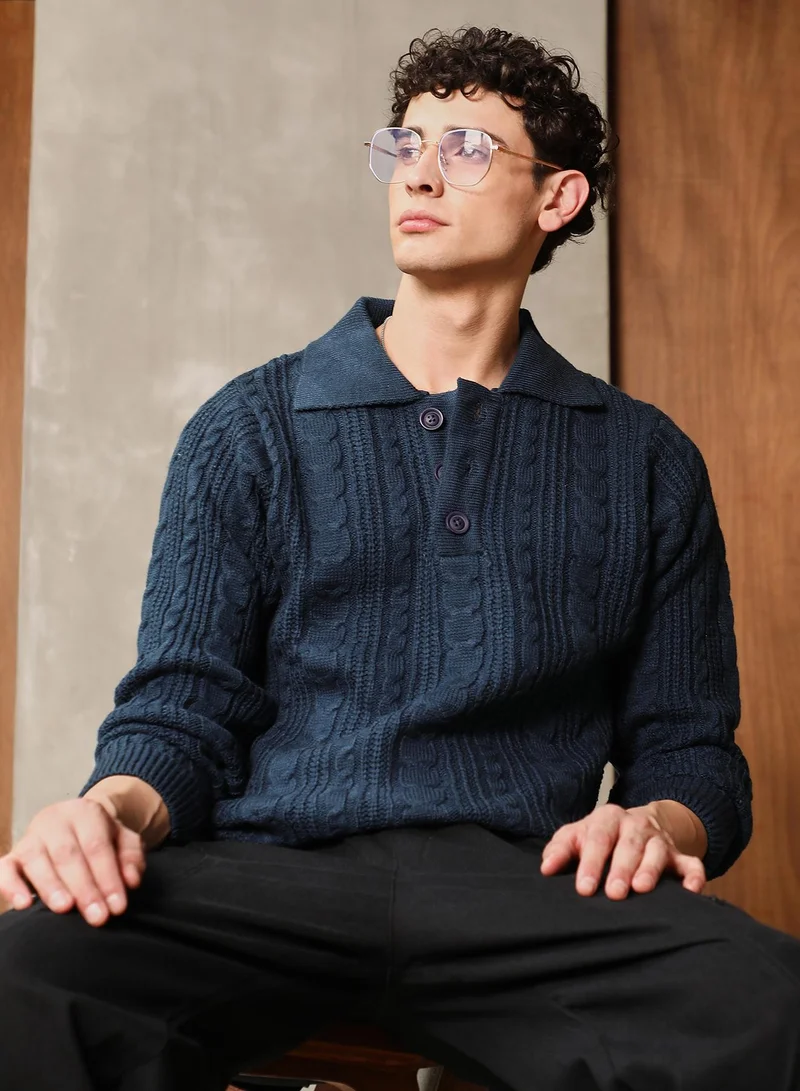 كامبوس سوترا Campus Sutra Men's Navy Blue Braid-Jacquard Knit Collared Sweater | Point Collar  , Cuffed Sleeves , Half-Button Closure , Ribbed-Straight Hem | Solid Jacquard For Casual & Daily Wear