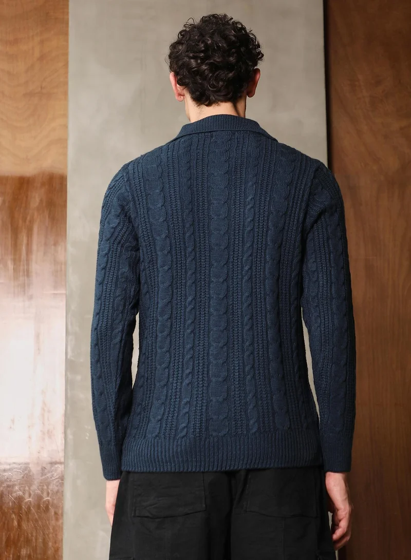 Campus Sutra Campus Sutra Men's Navy Blue Braid-Jacquard Knit Collared Sweater | Point Collar  , Cuffed Sleeves , Half-Button Closure , Ribbed-Straight Hem | Solid Jacquard For Casual & Daily Wear