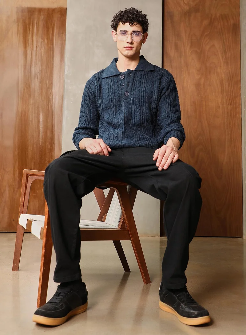 Campus Sutra Campus Sutra Men's Navy Blue Braid-Jacquard Knit Collared Sweater | Point Collar  , Cuffed Sleeves , Half-Button Closure , Ribbed-Straight Hem | Solid Jacquard For Casual & Daily Wear