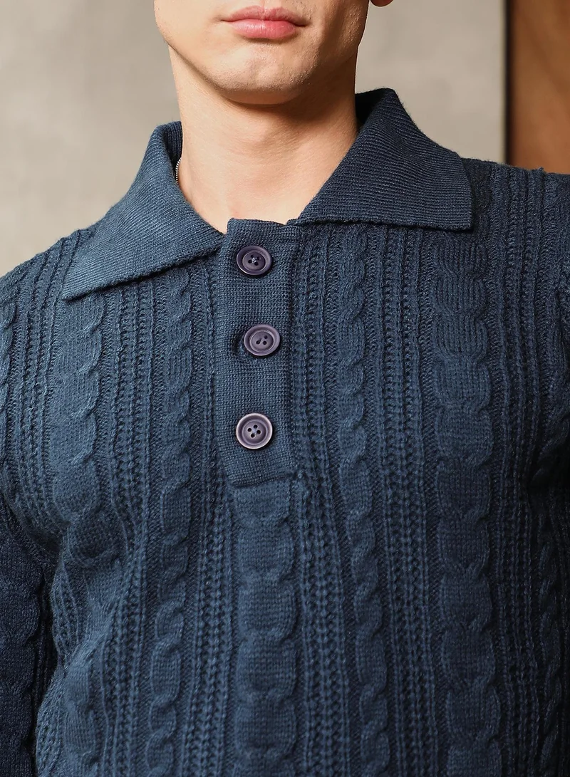 Campus Sutra Campus Sutra Men's Navy Blue Braid-Jacquard Knit Collared Sweater | Point Collar  , Cuffed Sleeves , Half-Button Closure , Ribbed-Straight Hem | Solid Jacquard For Casual & Daily Wear