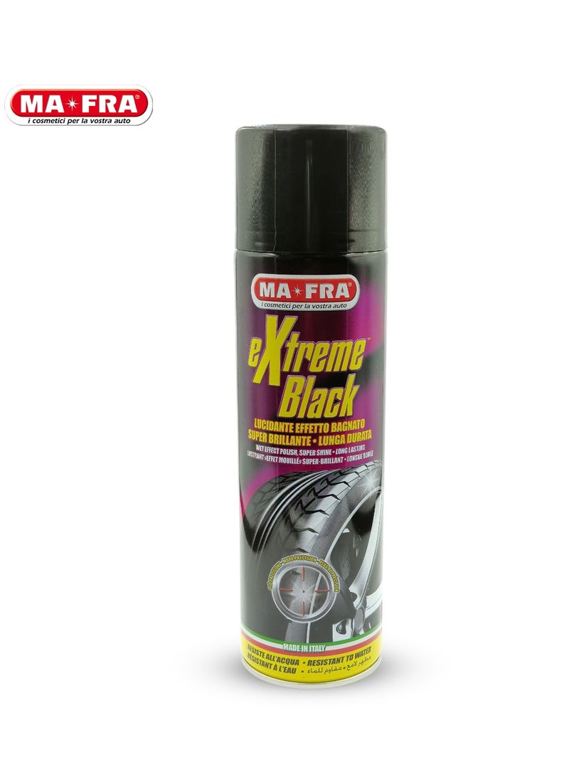 مافرا بخاخ MA-FRA eXtreme Black لتلميع الإطارات (500 مل) - تركيبة تدوم طويلاً، تعزيز لمعان الإطارات، عناية بأسطح المطاط، مظهر أسود داكن، مقاوم للماء، حماية من الأشعة فوق البنفسجية، والحفاظ على مظهر إطارات السيارات. - Image 1
