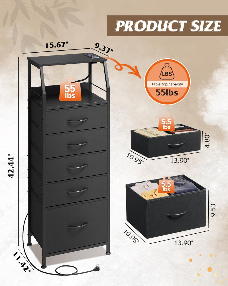 WLIVE LED Nightstand with Charging Station, Fabric Dresser with 5 Drawers for Bedroom, Tall Night Stand with Open Shelves, Bed Side Tables Living Room, Black - Image 3