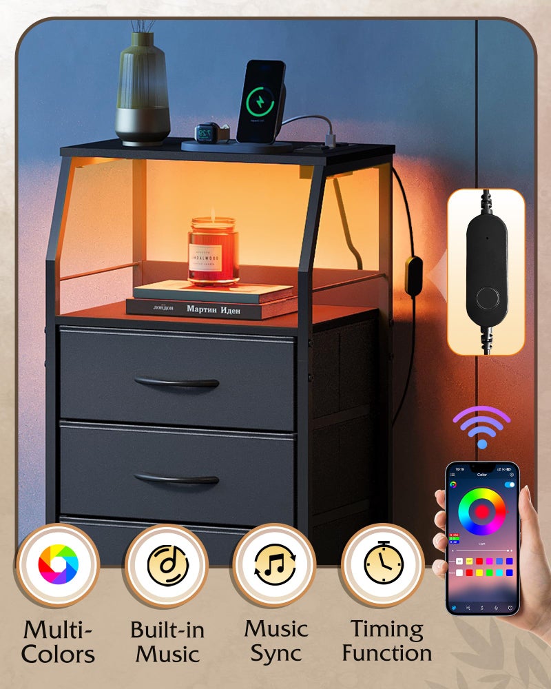 WLIVE LED Nightstand with Charging Station, Fabric Dresser with 5 Drawers for Bedroom, Tall Night Stand with Open Shelves, Bed Side Tables Living Room, Black - Image 4