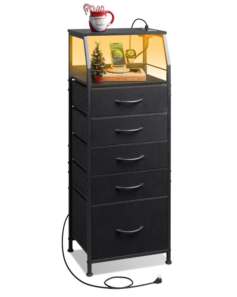 WLIVE LED Nightstand with Charging Station, Fabric Dresser with 5 Drawers for Bedroom, Tall Night Stand with Open Shelves, Bed Side Tables Living Room, Black - Image 1