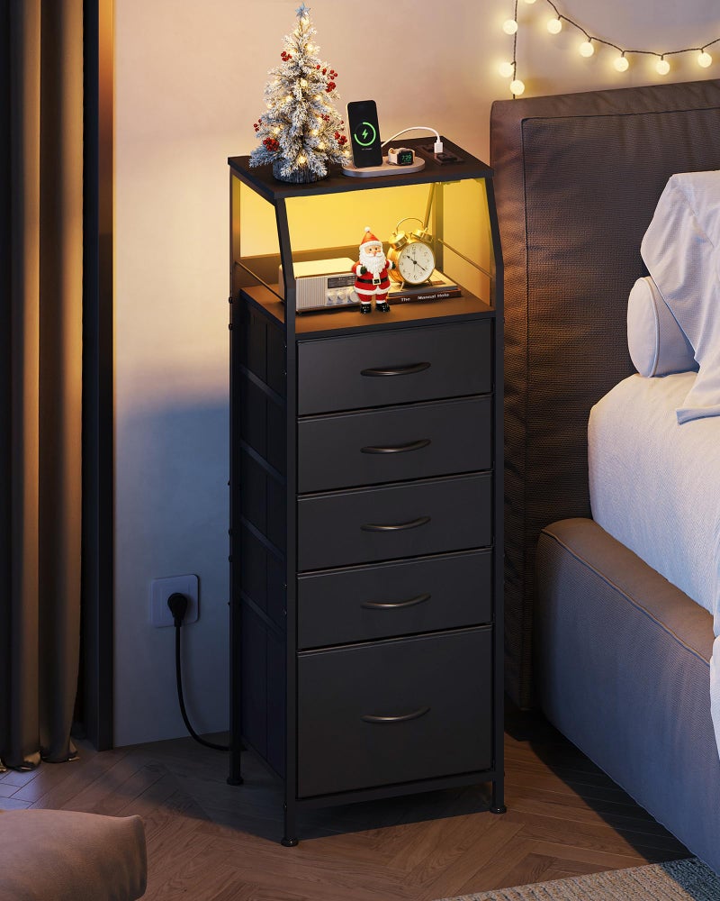 WLIVE LED Nightstand with Charging Station, Fabric Dresser with 5 Drawers for Bedroom, Tall Night Stand with Open Shelves, Bed Side Tables Living Room, Black - Image 2