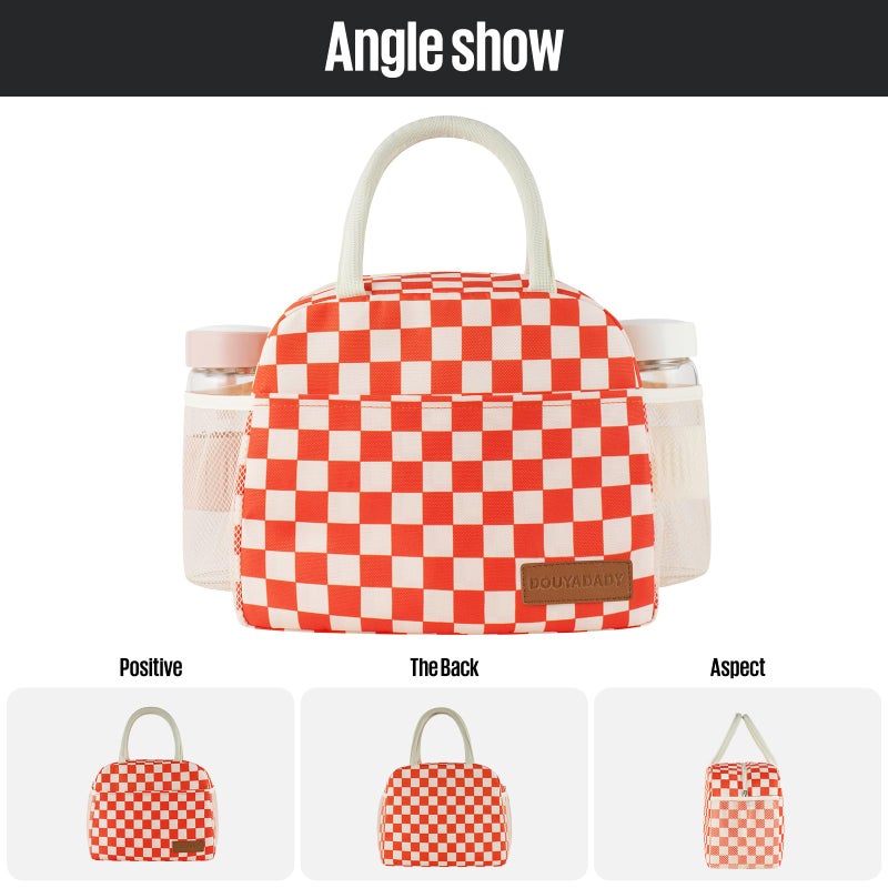 douyadady Lunch Bag Women/Men Lunch Box Women/Men (Red+Beige Checkerboard) - Image 5