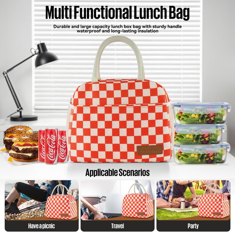 douyadady Lunch Bag Women/Men Lunch Box Women/Men (Red+Beige Checkerboard) - Image 3