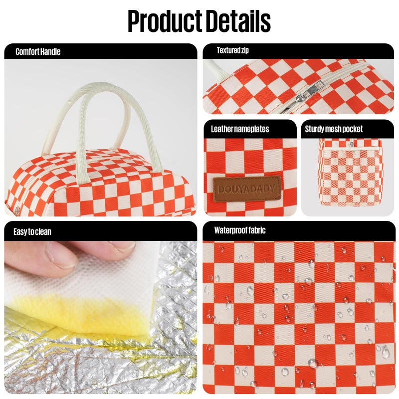 douyadady Lunch Bag Women/Men Lunch Box Women/Men (Red+Beige Checkerboard) - Image 4