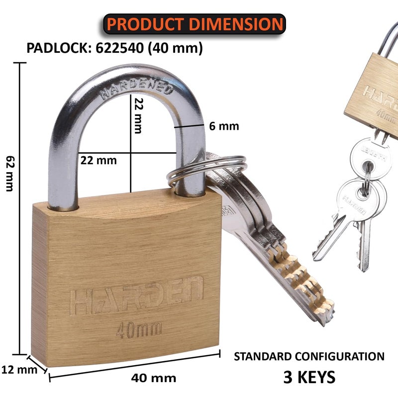 Harden 40mm Brass Padlock Brass Cylinder Rust Proof Comes with 3 Keys 622540 - Image 4