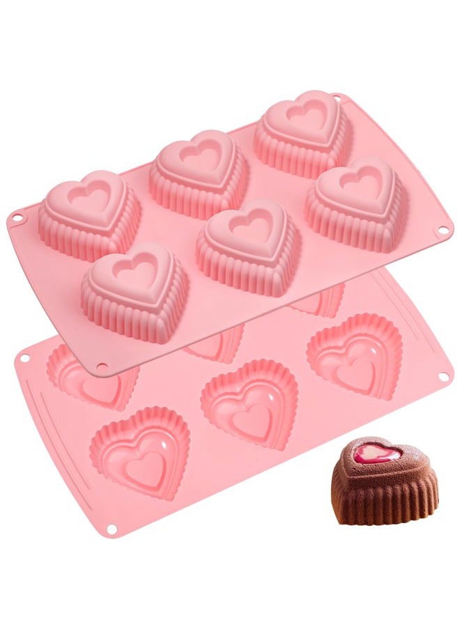 Webake Silicone Heart Cake Mold Tiered Mini Heart Shaped Cake Pans, 6-Cavity Heart Bunt Cake Molds Muffin Pan, Pack of 2 - Image 1