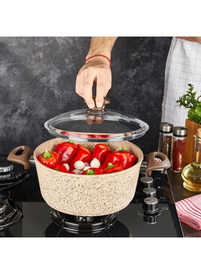 Falez Creamy Granite Casserole 28x12cm – Large Nonstick Granite Cooking Pot with Glass Lid – Induction Safe Elegant Cookware - Image 3