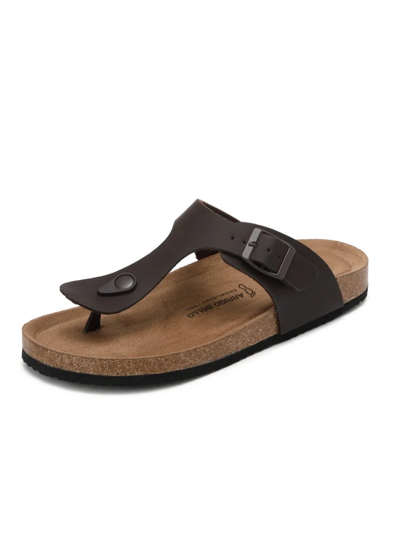 ARRIGO BELLO Unisex Leather Thong Flip Flops Cork Footbed Flat Sandals with Memory Foam Arch Support