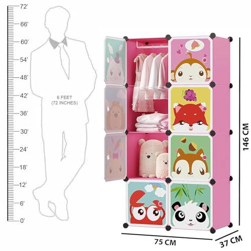 LUHI Plastic Wardrobe for Kids Clothes – Durable, Easy to Use Anti-Skid & Non-Slip Effective Professional Collapsible Wardrobe, Plastic Cupboard for Kids, Foldable Almirah (Pink-HJ, 8-Door) - Image 2