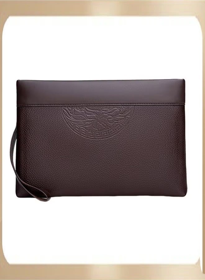 كان واي حقيبة كلاتش كلاتش بطباعة منقوشة طوطمية حقيبة يدوية فائقة النحافة مضادة للسرقة حقيبة بطاقة جلدية كبيرة منقوشة ومزخرفة هدية للرجال بني - Image 1