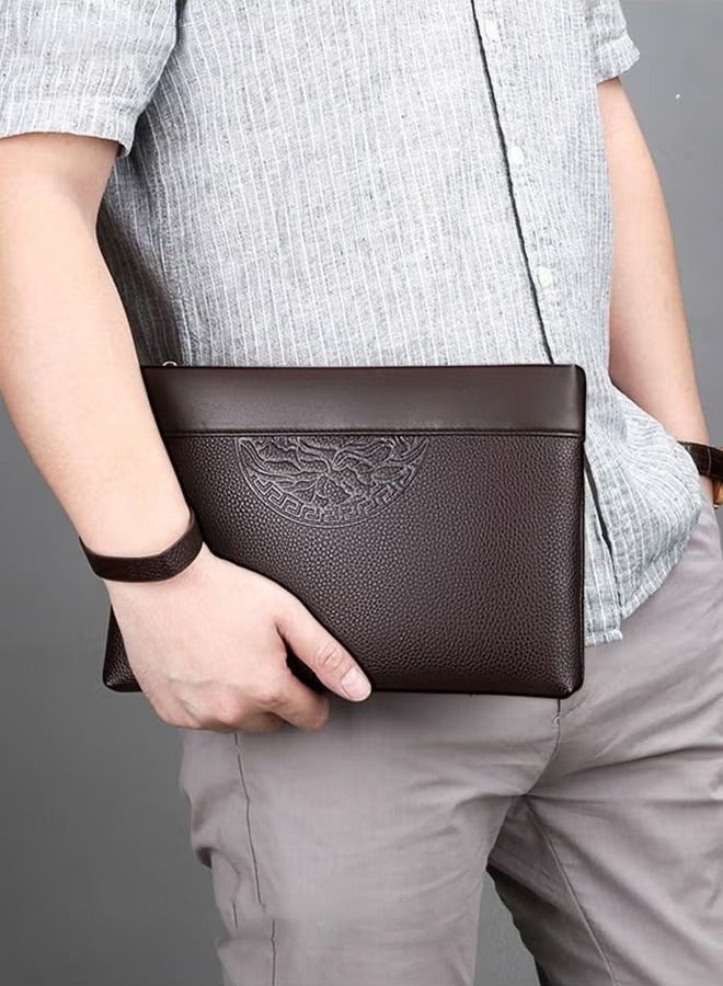 كان واي حقيبة كلاتش كلاتش بطباعة منقوشة طوطمية حقيبة يدوية فائقة النحافة مضادة للسرقة حقيبة بطاقة جلدية كبيرة منقوشة ومزخرفة هدية للرجال بني - Image 2