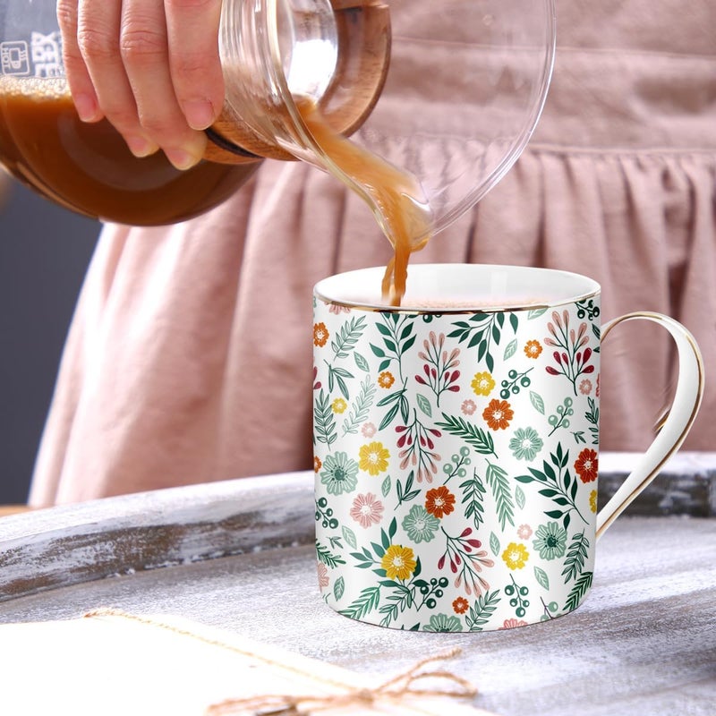 WAVEYU Ceramic Mug for Women Cute Coffee Water Mug Cup for Holiday Floral Design with Handle for Home Office Decorative Coffee Tea Cup for Women Men 14 oz Green Flower - Image 3