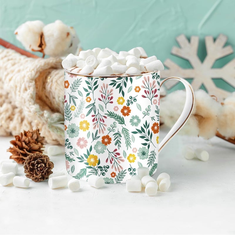 WAVEYU Ceramic Mug for Women Cute Coffee Water Mug Cup for Holiday Floral Design with Handle for Home Office Decorative Coffee Tea Cup for Women Men 14 oz Green Flower - Image 4