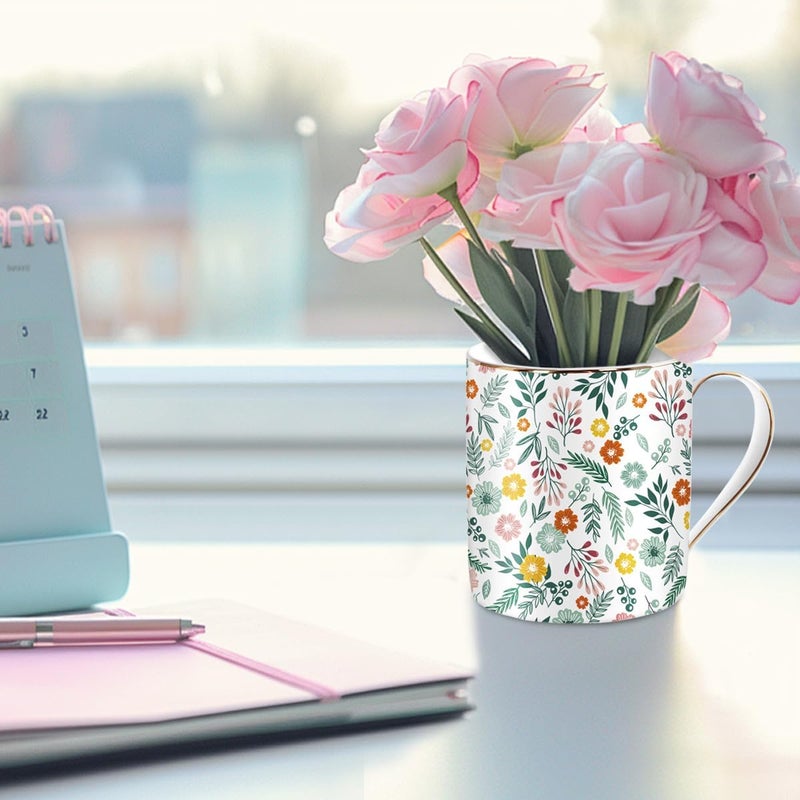 WAVEYU Ceramic Mug for Women Cute Coffee Water Mug Cup for Holiday Floral Design with Handle for Home Office Decorative Coffee Tea Cup for Women Men 14 oz Green Flower - Image 5