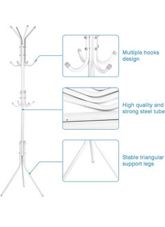 Falpro Multi-Functional Metal Clothes Rack, 12 Hooks Hall Tree Coat Hanger Holder Home Enterway Tree Clothes Storage Stand for Coat, Hat, Clothes, Scarves, Handbags, Umbrella (White) 172x43x43cm  - Image 2