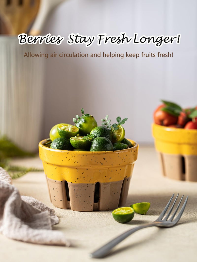 Gomakren Ceramic Fruit Basket Set of 2, Round Fruit Bowls with Holes, Fruit Storage Containers for Fridge, Rustic Berry Basket for Kitchen, Berries, Strawberry, Grape, Cherry, Yellow + Brown - Image 4